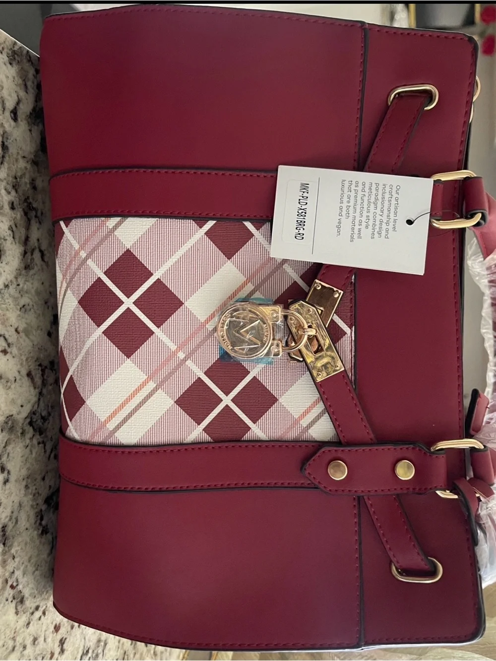 Source Unknown Burgundy Plaid Satchel with Gold Hardware